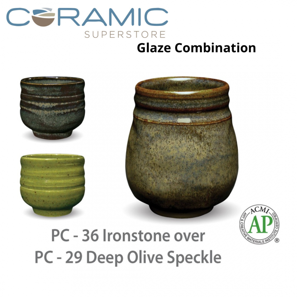 Ironstone PC-36 over Deep Olive Speckle PC-29 Pottery Cone 5 Glaze Combination